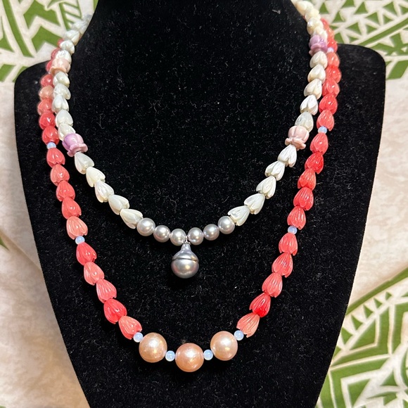 Coral Pink Pikake Flower & Edison Pearl Necklace w/.925 SS Handmade in Maui N65. - Picture 7 of 10